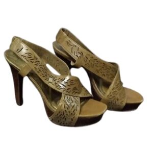 Diane‎ von Furstenberg Brown Leather Laser Cut Platform Heeled Sandals  8.5